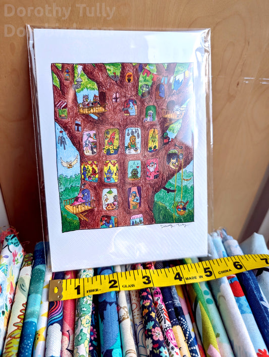 Bird Treehouse 5x7 fantasy forest owl art print