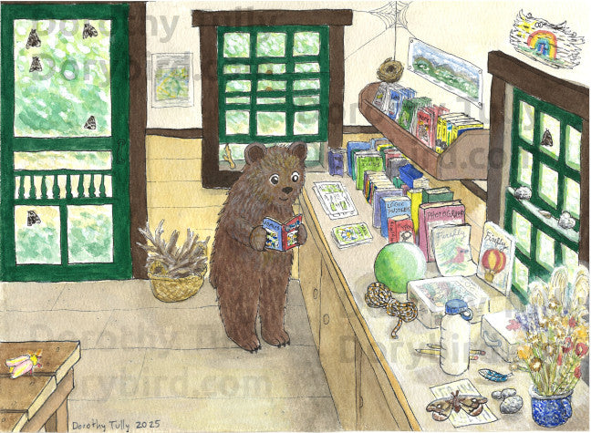Camping Bear Loves Reading: 8x10 watercolor fine art print