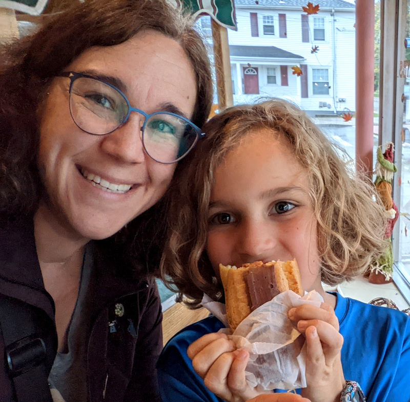 Dorothy Tully, artist, author illustrator of children's books, sewist of handmade shop Dorybird, enjoys eclairs in a cafe with her daughter