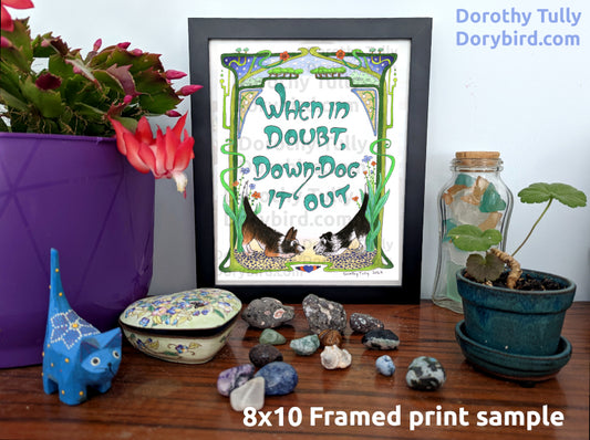 Down Dog inspiration yoga art, hand lettered Art Nouveau 8x10 fine art print