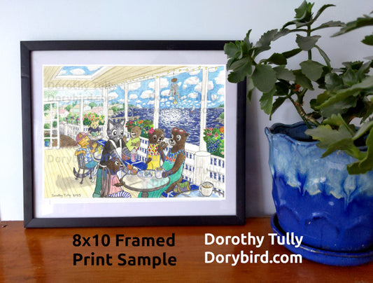 Otters at Waterfront Cafe: 8x10 watercolor animal art print by Dorothy Tully