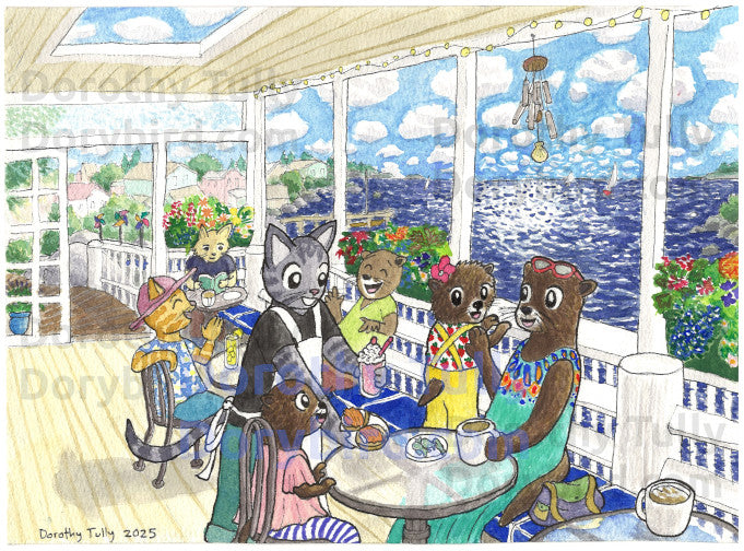 Colorful watercolor fantasy children's illustration of a cat waiter bringing treats to a cute otter family at a sunny waterfront cafe. The ocean sparkles and puffy clouds dot the sky. Other upbeat animals also enjoy the cafe.