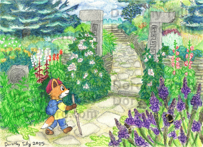 Bright watercolor illustration of cute fox walking through a magical tangled garden with flowers and stone pathways