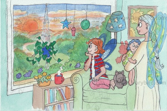 Fairy family on comfy chair in living room looking out the window at colorful sunset, mom, baby, kid,, children's book illustration by author artist Dorothy Tully