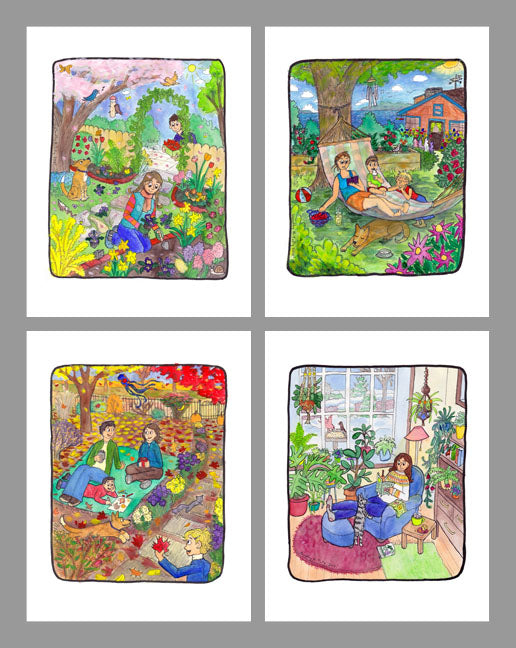 Set of four seasons prints by artist author illustrator Dorothy Tully. Spring, Summer, Fall, Winter scenes about gardening, bright watercolor illustrations with flowers, plants, and people and pets enjoying each season..