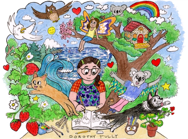 Artist Dorothy Tully's colorful illustration with herself, owls, rainbow, cat, dog, beach, forest, strawberries, koala and koalabird, and a fairy!