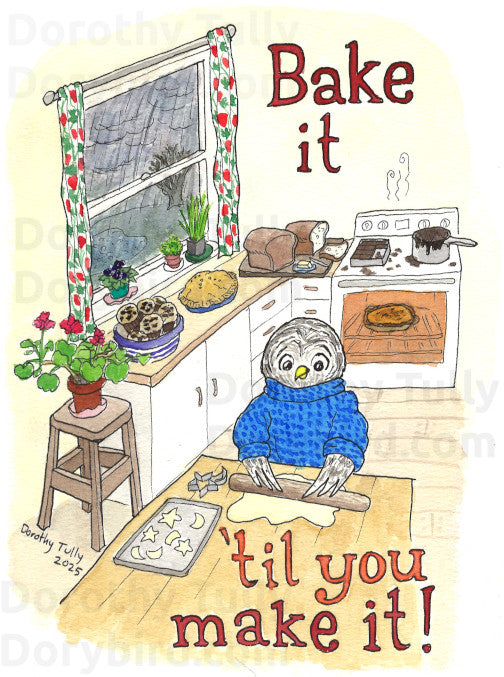 Baking Owl: Bake It Till You Make It 8x10 watercolor art print