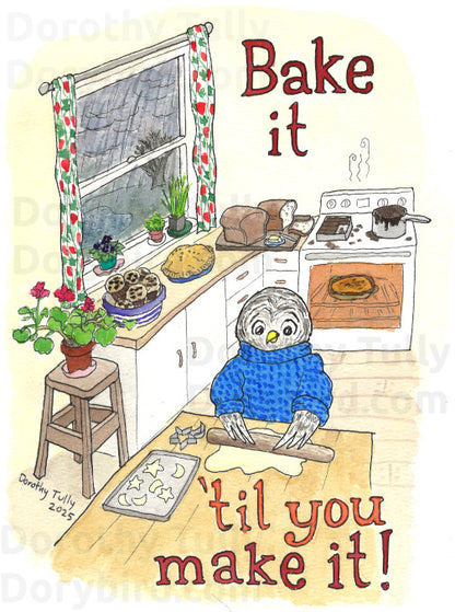 Baking Owl: Bake It Till You Make It 8x10 watercolor art print