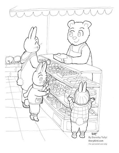 Hand drawn coloring page of cute bunnies in fall coats at a bakery counter window. The children rabbits are excited by all the pastries in the big case! A baker bear hands the mom a box of treats! By Dorothy Tully of Dorybird
