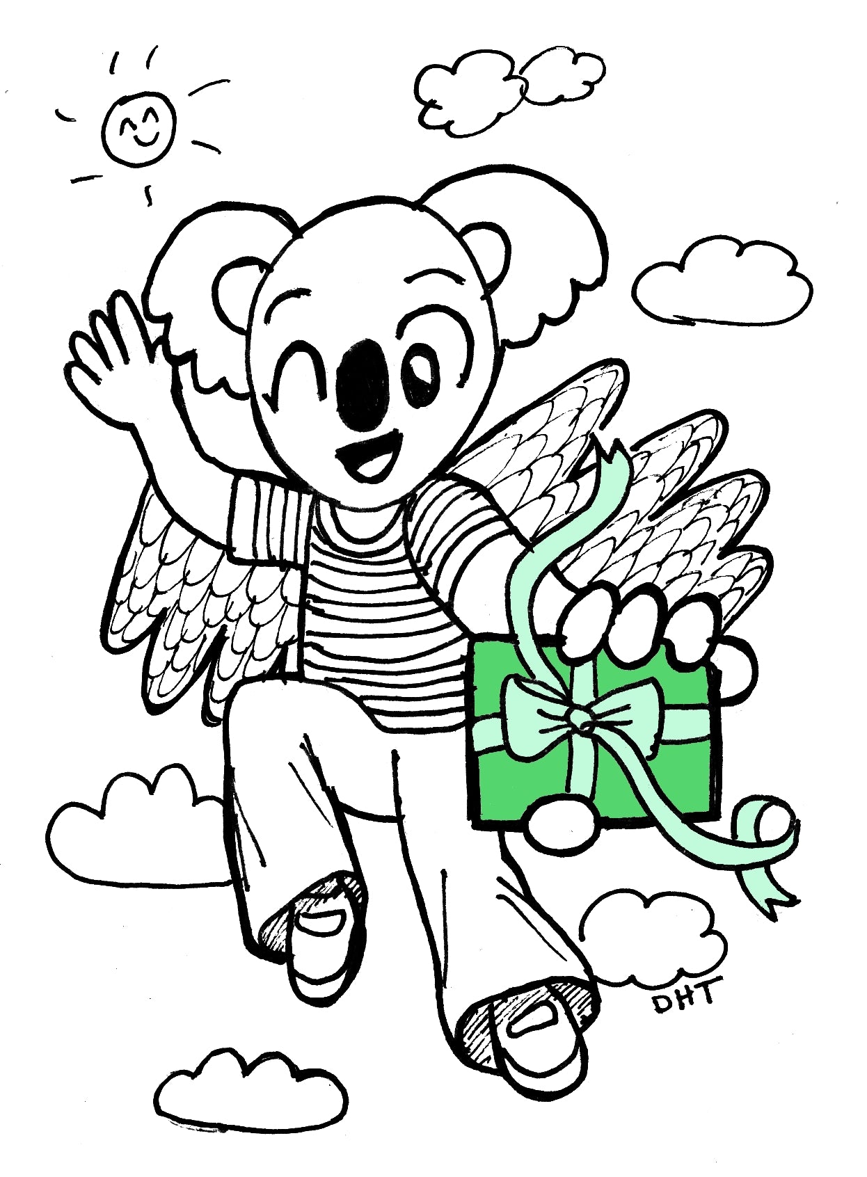 Koalabird holding a Dorybird gift card for Dorothy Tully's art prints and children's books!