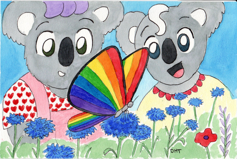 Two Koalabirds look at a rainbow butterfly! Watercolor art by Dorothy Tully