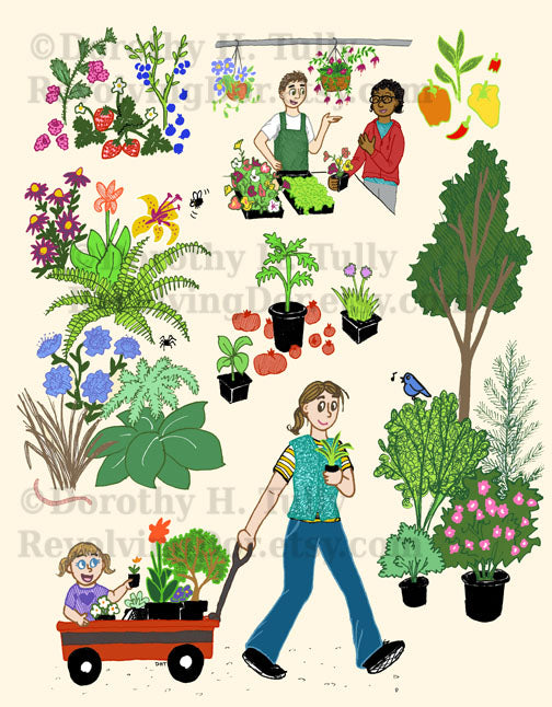 Art print in pen by Dorothy Tully showing colorful plants, flowers, perennials, veggies, shrubs, trees, mom and child in a wagon, plant sale in a greenhouse