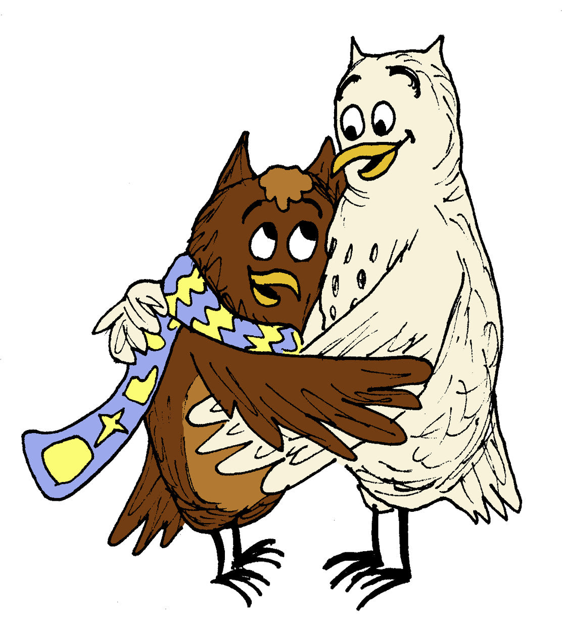 Owls hugging, Toasty and Snowy from children's book by artist author illustrator Dorothy Tully
