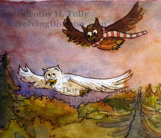 Flight: Owls 5x7 Watercolor Art Print