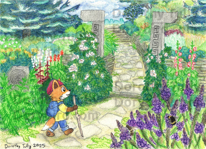 Bright watercolor illustration of cute fox walking through a magical tangled garden with flowers and stone pathways
