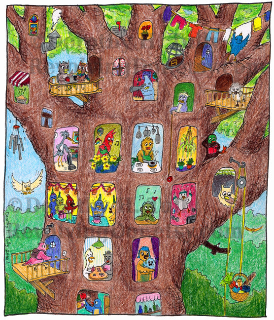 Colored pencil art print of various birds and owls living in a colorful tree like an apartment building, by artist Dorothy Tully