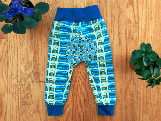 Handmade toddler pants, British double decker bus and London taxi, England, aqua green and blue, bum circle with coordinating grid, Dorybird handmade baby and kids clothes