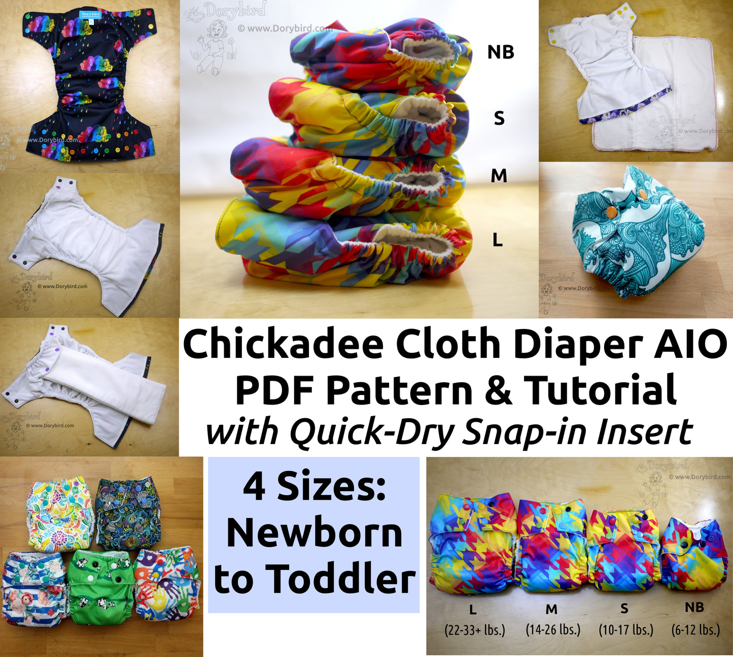 Chickadee Cloth Diapers, PDF sewing pattern, digital download, printable pattern and tutorial for sized AIOs in 4 sizes: Newborn, Small, Medium, Large, by Dorybird Baby