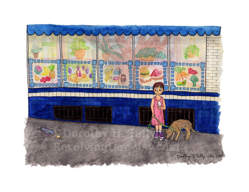 Dorothy Tully's illustration of a girl with ice cream watching a pigeon in front of a colorful market with blue tiles and awning. Her dog is eating the melted ice cream, too. 8x10 giclee art print