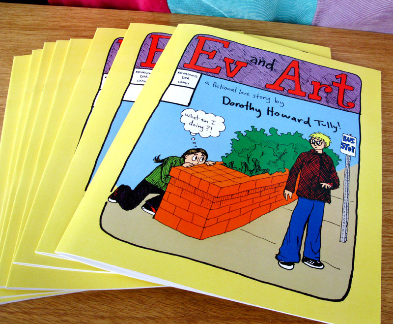 Ev and Art comic book by author illustrator Dorothy Tully. Color cover shows a young woman looking at her crush from behind a brick wall.