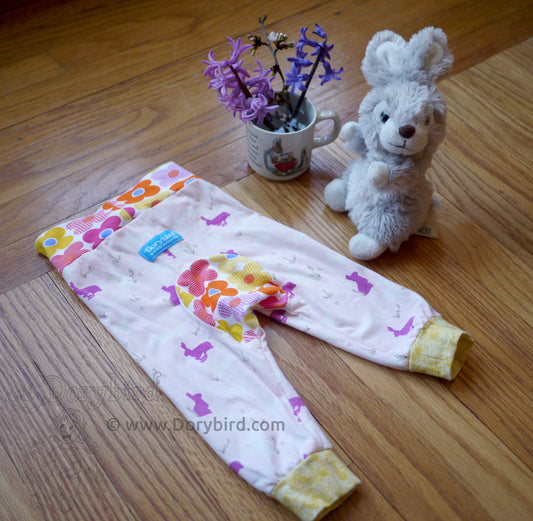Pink Bunny baby pants, mod flower bum cicrle on cloth diaper pants, baby joggers from cotton knit, Dorybird Handmade