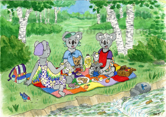 Artist Dorothy Tully's Koalabirds enjoy a picnic in the forest in this watercolor art print
