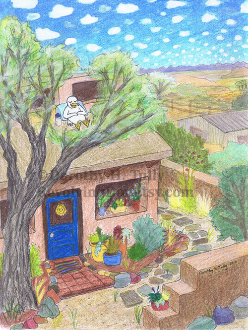 Colored pencil illustration print showing white bird resting on the roof of his adobe house in the desert Southwest (New Mexico). Sky is full of little puffy clouds, garden has cottonwood tree and pottery. By artist Dorothy Tully