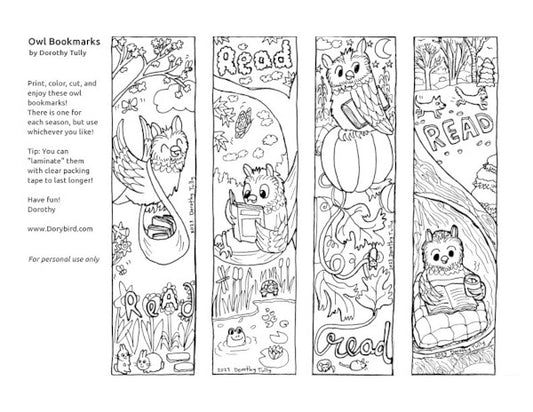 Set of bookmarks with owls reading in all four seasons. Hand drawn coloring page by artist Dorothy Tully of Dorybird