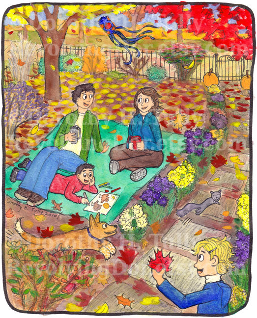 Seasons of Gardening: Fall giclee art print by artist author illustrator Dorothy Tully. A family relaxes in bright red fall leaves, a dog chases a squirrel, a girl holds up an autumn leaf, and a windsock is blowing in the wind.