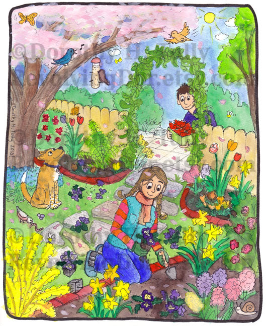 Seasons of Gardening:Spring giclee art print by artist author illustrator Dorothy Tully. Watercolor original artwork. A woman with braids and a vest digs with a trowel in her colorful Spring garden, with her dog. A friend peeks around the fence with strawberries. Pink cherry blossoms and birds at the feeder