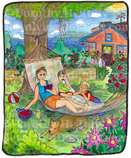 Seasons of Gardening: Summer giclee art print by artist author illustrator Dorothy Tully. Colorful watercolor artwork with a mom in a hammock by the water and a cute cottage. Her children hang out with her and one eats an ice cream cone. The dog is snoozing under the hammock. Flowers all around. a wind chime is ringing. Very relaxing!