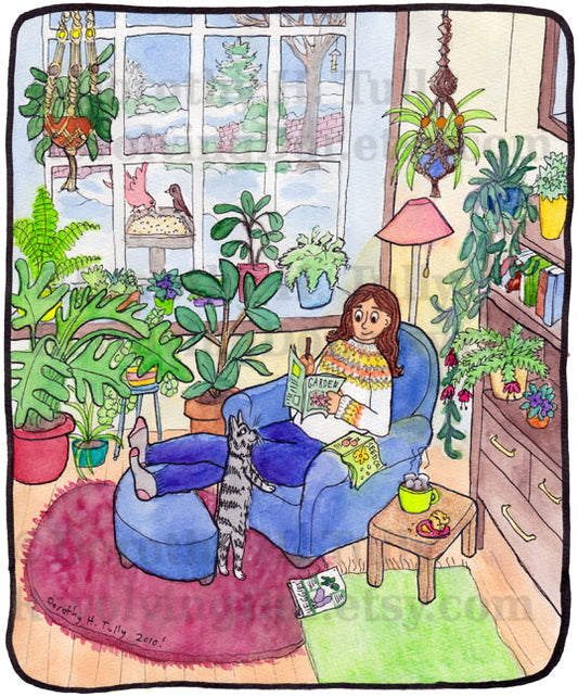 Seasons of Gardening: Winter by artist author illustrator Dorothy Tully. A woman relaxes in an easy chair indoors in winter, with her cat and seed catalogs. Her living room is full of plants and a snowy scene is outside the huge window, with birds at a feeder.