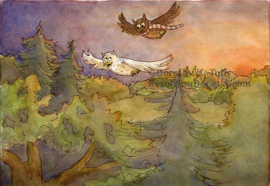 Flight: Owls watercolor giclee art print by artist author illustrator Dorothy Tully, showing owls flying over a sunset forest. Owl characters from her original Toasty and Snowy children's book